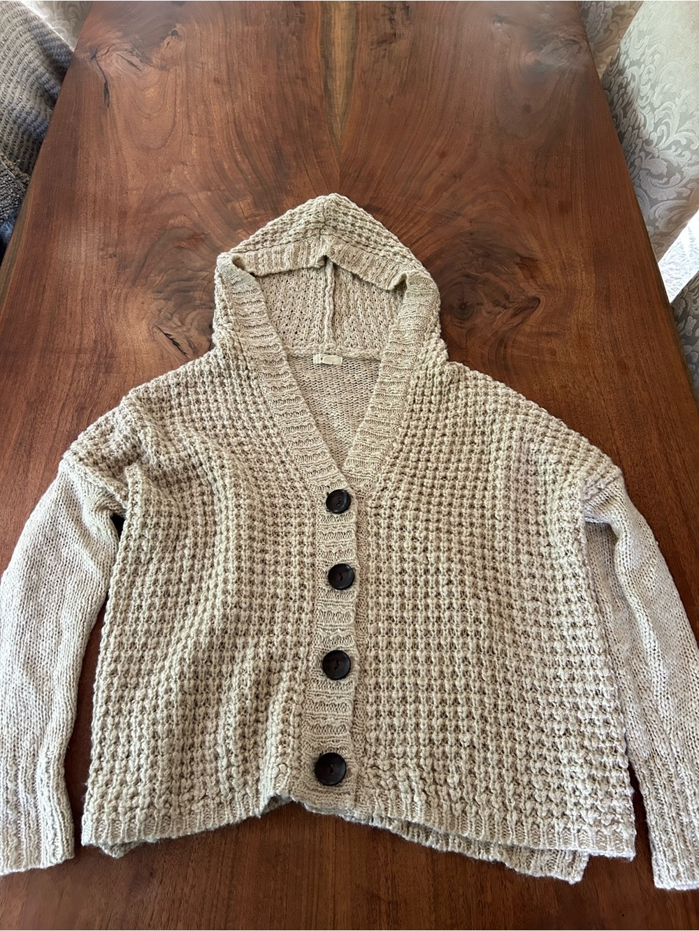 Waffle-Knit Hooded Button-Front Cardigan - Cream
